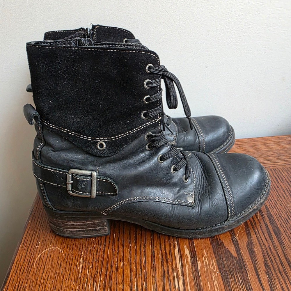 Taos Crave Black Leather Suede Combat Boots Womens 40 Lace Up Buckle Grunge Goth - Picture 3 of 7